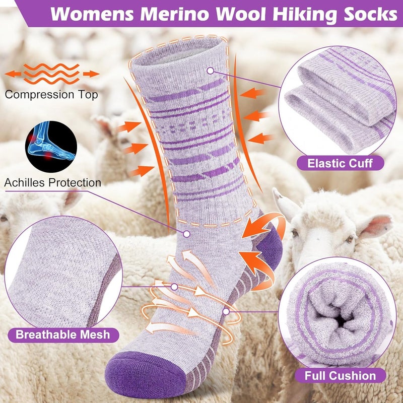 SEEKSOCK Store 5 Pairs Womens Merino Wool Hiking Socks Winter Warm Crew Moisture Wicking Thick Cushioned Striped Boot Socks - Image 3